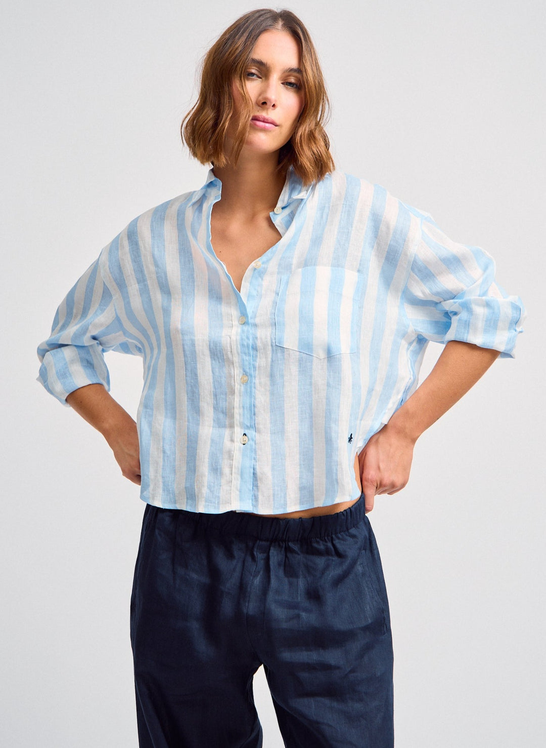 Juana Crop Linen Shirt Blue Stripes