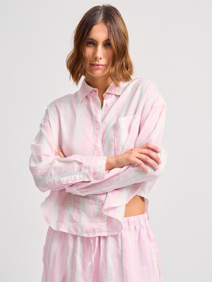 Juana Crop Linen Shirt Pink Stripes