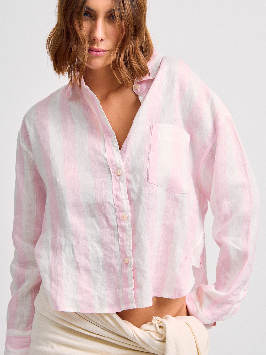 Juana Crop Linen Shirt Pink Stripes