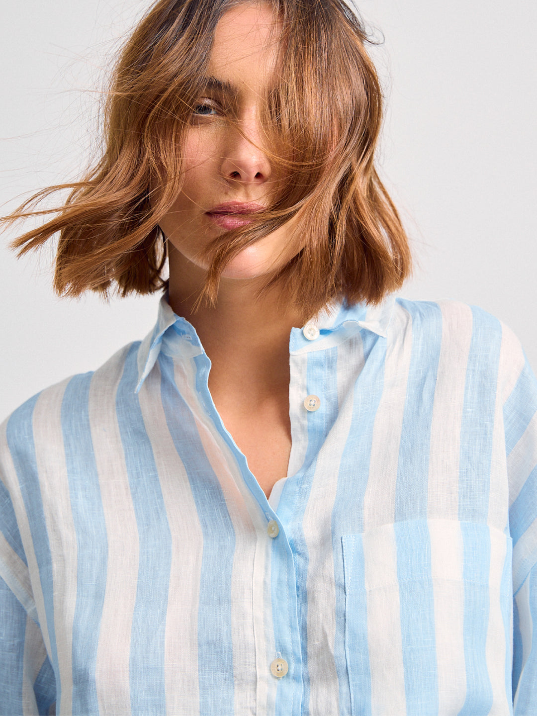 Juana Crop Linen Shirt Blue Stripes