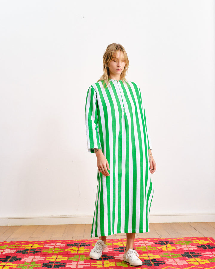 Comporta Linen Dress Green Stripes