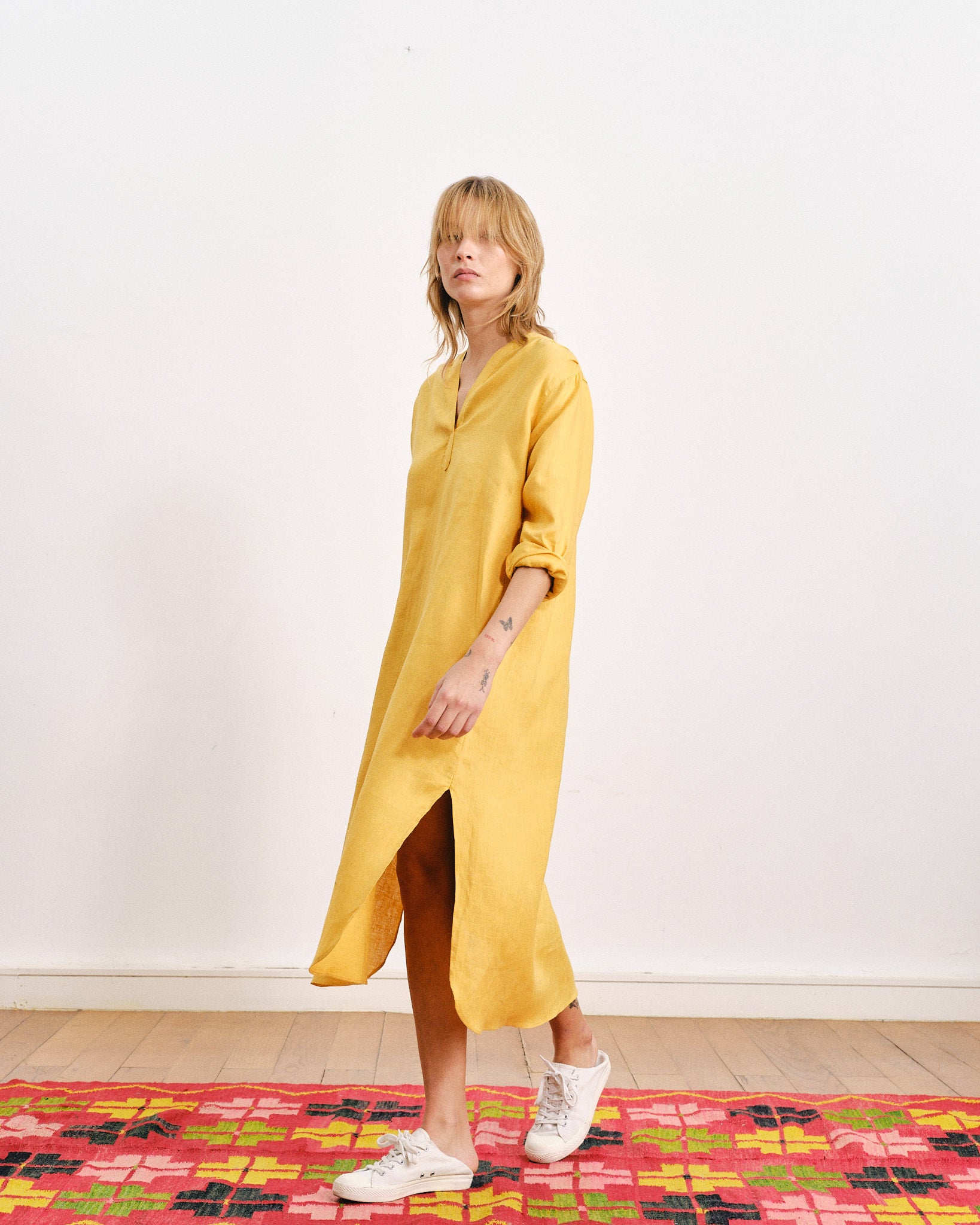 Mustard yellow linen dress best sale